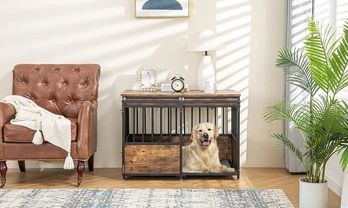 KOOPRO 40 Inch Dog Crate Furniture with Cushion for Large Medium Dogs, Wooden Heavy Duty Dog Kennel with Double Doors, Dec...