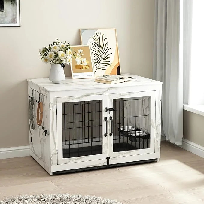 Piskyet Wooden Dog Crate Furniture with 360°Rotatable Removable Dog Bowls, Dog Crate End Table with Tray, Double Doors Dog...