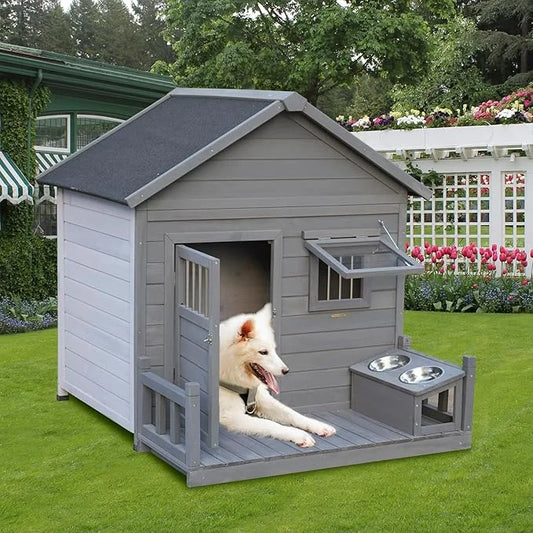 Open Waterproof Asphalt Roof Large Dogs House with Spacious Terrace,Outdoor Dog Kennel W/Small Wooden Door,Breathable Wind...