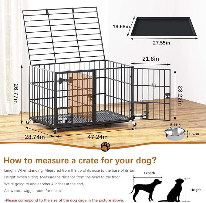 aboxoo 48/42 inch XL Dog Crate for Large Dog/Double Medium Dogs,Heavy Duty Metal Dog Cages,All Metal Open Top,Dog Kennel I...