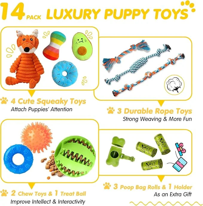 Zeaxuie 14 Pack Puppy Toys for Teething Small Dogs, Puppy Chew Toys with Cute Squeaky Dog Toys, Ball and More Rope Dog Che...