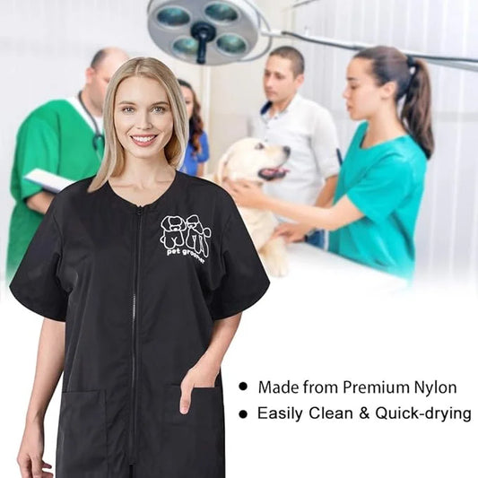Noverlife Short Sleeves Pet Grooming Work Clothes with Full Zipper, M Size, Splash Proof Anti-Static Pet Beautician Smock,...