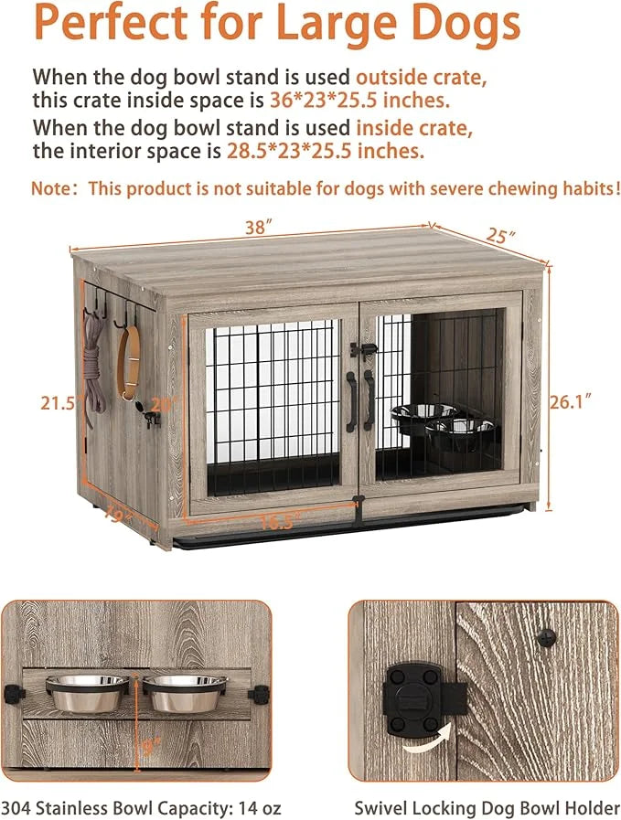 Piskyet Wooden Dog Crate Furniture with 360°Rotatable Removable Dog Bowls, Dog Crate End Table with Tray, Double Doors Dog...