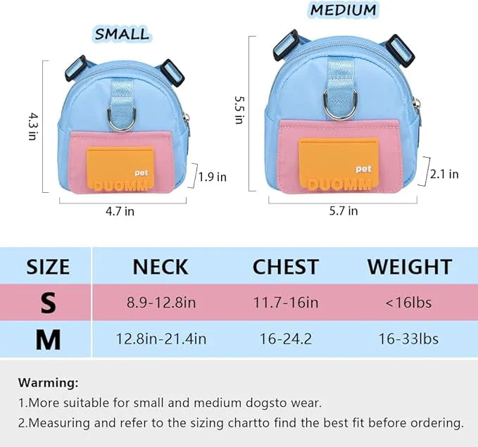 Dog Backpack Harness with Leash,Cute Pet Puppy Backpacks Bulid-in Dog Poop Bag Dispenser,Adjustable Pets Self Carrier Bag ...