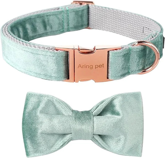 ARING PET Velvet Dog Collars with Bow tie, Dog Bowtie Collar, Adjustable Green Dog Collar,Large. - Product Image