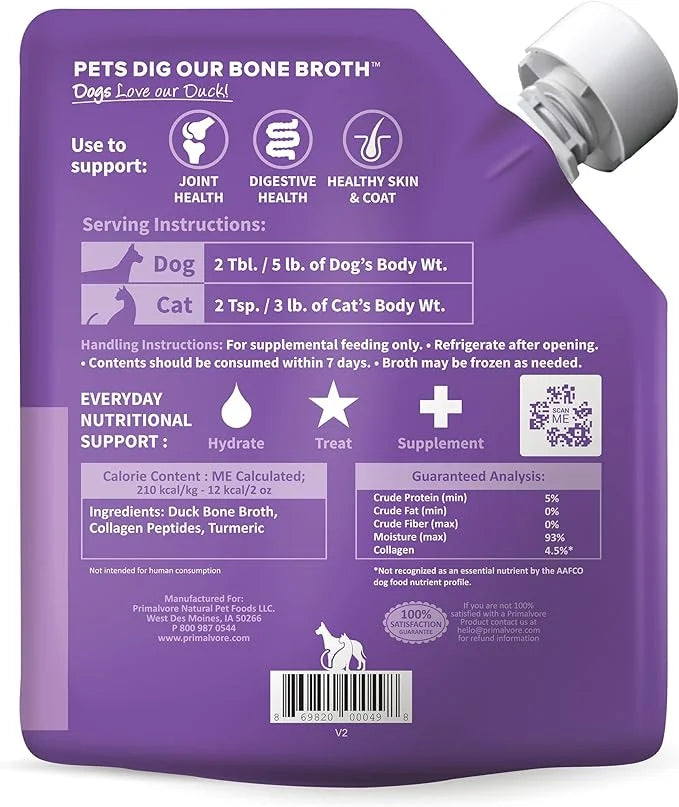 Primalvore All-Natural Duck Bone Broth for Dogs &Cats, Mobility Formula w/Collagen Peptides for Hip & Joints, Digestion, S...