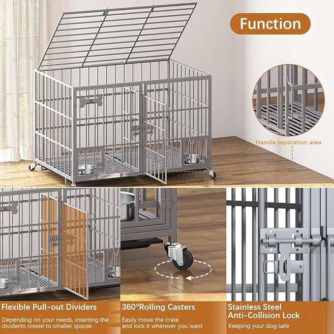 aboxoo 42/48 inch Heavy Duty Metal Dog Crate for 2 Dogs/Large Dog,All Metal Open Top,Dog Kennel Indoor with Wheels,Floor G...