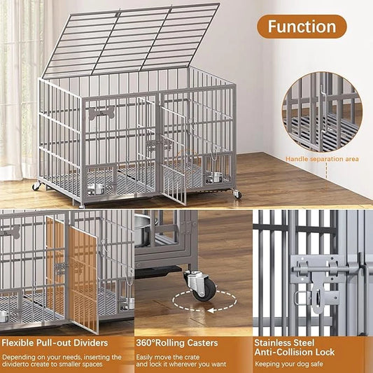 aboxoo 42/48 inch Heavy Duty Metal Dog Crate for 2 Dogs/Large Dog,All Metal Open Top,Dog Kennel Indoor with Wheels,Floor G...