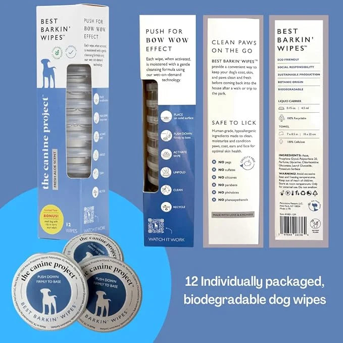 Best BARKIN' Wipes with Free Mesh Bag - Dog Wipes for Paws Ears and Butt - Micellar Aloe Scented Travel Friendly Puppy Wip...