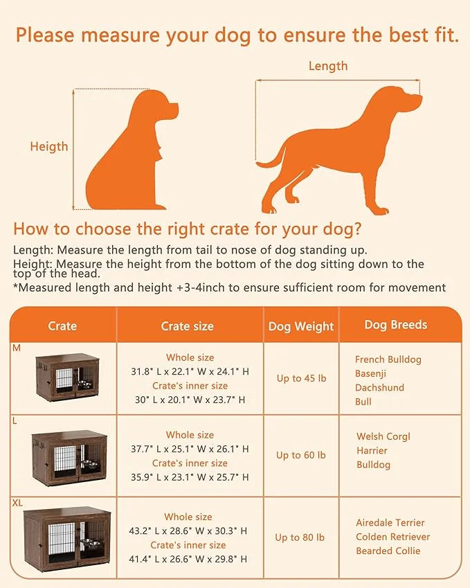 Piskyet Wooden Dog Crate Furniture with 360°Rotatable Removable Dog Bowls, Dog Crate End Table with Tray, Double Doors Dog...