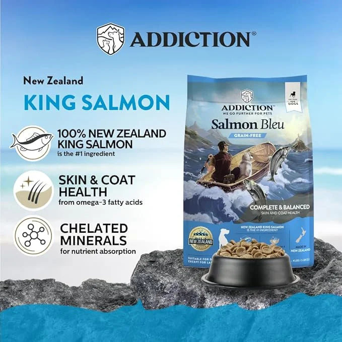 Addiction Salmon Bleu Grain-Free Dry Dog Food Formula - New Zealand King Salmon, Probiotic-Rich Fruits & Vegetables, Fish ...