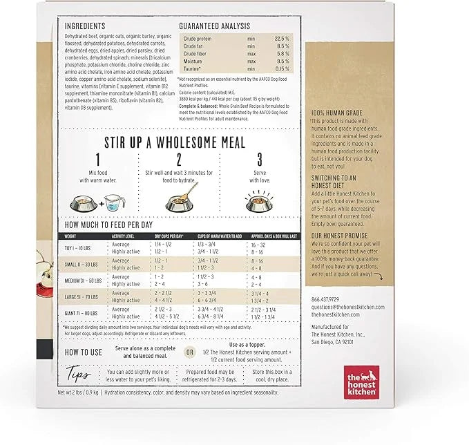 The Honest Kitchen Dehydrated Whole Grain Beef Dog Food, 2 lb Box - Product Image