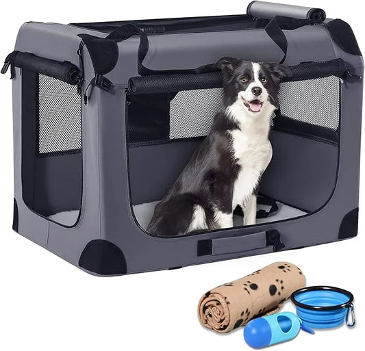 Petprsco Portable Dog Crate - 32"x23"x23" Collapsible Dog Travel Crate for Medium/Large Dogs with Soft Blanket, Foldable B...