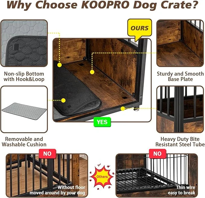 KOOPRO 40 Inch Dog Crate Furniture with Cushion for Large Medium Dogs, Wooden Heavy Duty Dog Kennel with Double Doors, Dec...