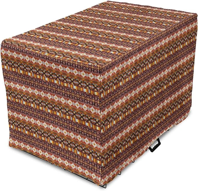 Lunarable Aztec Dog Crate Cover, Ornate Rich Motifs in Autumn Colors Geometric and Floral Design Old Tribal, Easy to Use P...