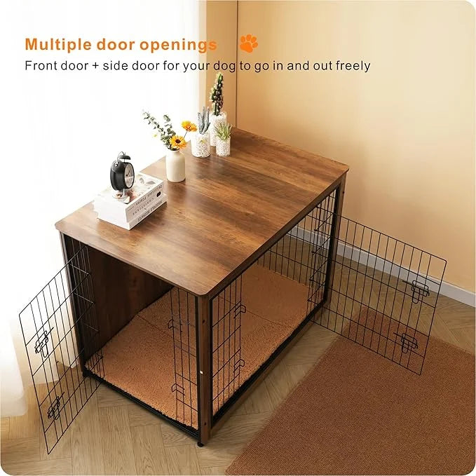 DWANTON Dog Crate Furniture with Cushion, Wooden Kennel Table with Double Doors, Indoor Dog House, Extra Large, 43.3" L, W...