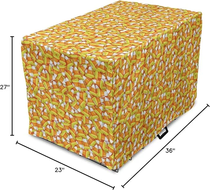 Lunarable Candy Corn Dog Crate Cover, Halloween Design of Cartoon Style Foods Scattered Randomly, Easy to Use Pet Kennel C...