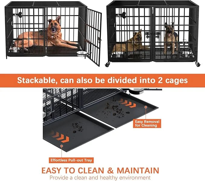 aboxoo 48 inch Stackable Heavy Duty Metal Dog Crate for 4 Dogs/Large Dog,All Metal Open Top Access,Escape Proof Cage,Dog K...