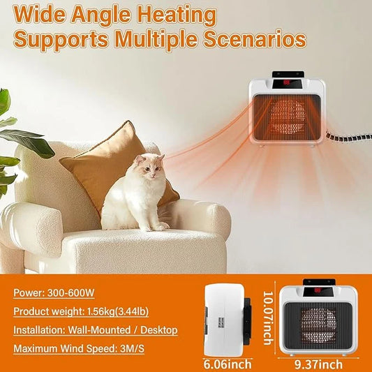 Thermostatic Dog House Heater with Anti-Bite Wires, Wall-Mounted Pet House Heater with 2 Wind Speed Modes (300W/600W), Sui...