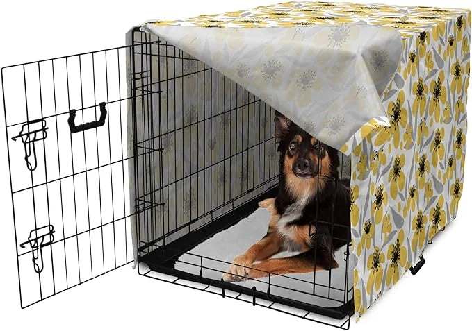 Ambesonne Floral Dog Crate Cover, Minimalistic Graphic Drawing of Yellow Flowers Pattern, Easy to Use Pet Kennel Cover for...