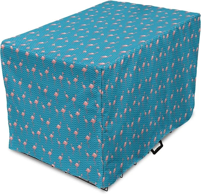 Lunarable Flamingo Dog Crate Cover, Tropical Romance Birds on Wavy Horizontal Stripes Hawaiian Love Doodle, Easy to Use Pe...