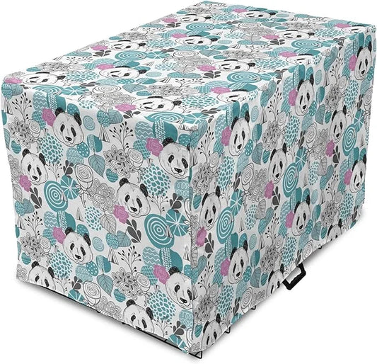 Lunarable Panda Dog Crate Cover, Portraits of Chinese Bears on Sketch Flowers and Abstract Circular Shapes, Easy to Use Pe...
