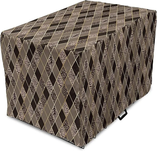 Lunarable Contemporary Brown Dog Crate Cover, Rhomb Check Pattern with Animal Skins, Easy to Use Pet Kennel Cover for Smal...
