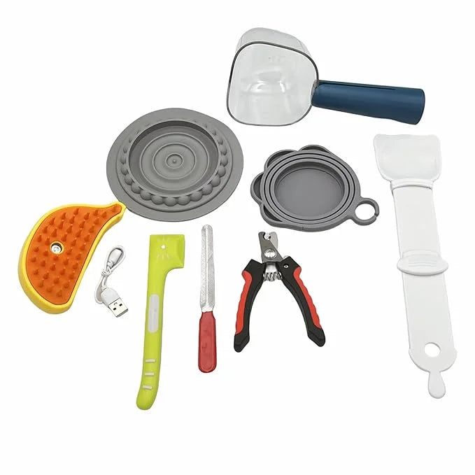 Pet Grooming Food Kit, 8Pcs Dog Cat Can Supplies Set,Steam Brush,Nail Clipper & File,Food Can Spoon,Pet Food Scoop with Ba...