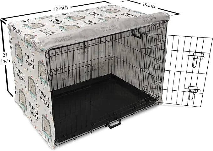 Lunarable Cartoon Dog Crate Cover, Hedgehog Trouble Maker Lettering with Apple and Stars Bad Boy Print, Easy to Use Pet Ke...