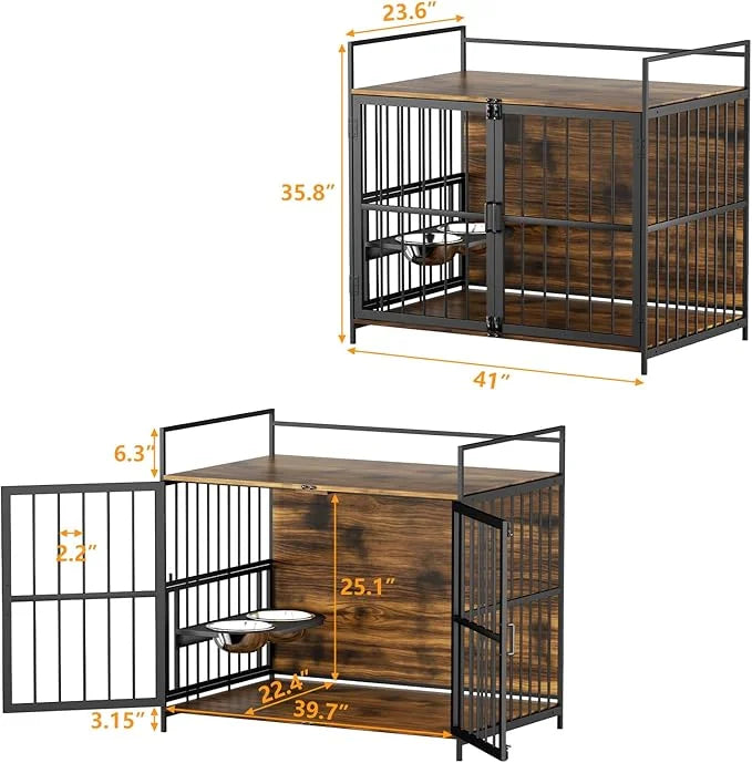 ROOMTEC Furniture Style Large Dog Crate with 360° & Adjustable Raised Feeder for Dogs 2 Stainless Steel Bowls -End Table H...