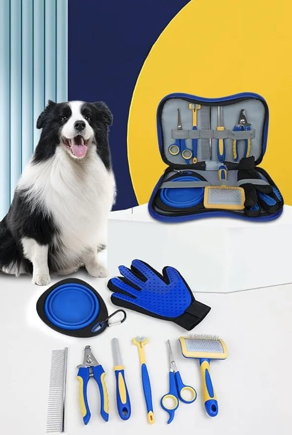 TSINGS Pet Grooming Tools 8-Piece Kit with Hair Comb, Steel Comb, Nail Clipper, File, Hair Clipper, Toothbrush, Bowl and H...