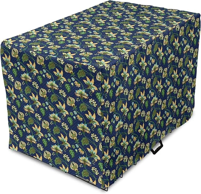 Lunarable Jacobean Dog Crate Cover, Triangles with Floral Pattern Stalks Leaves Flowers Whimsical Nature, Easy to Use Pet ...