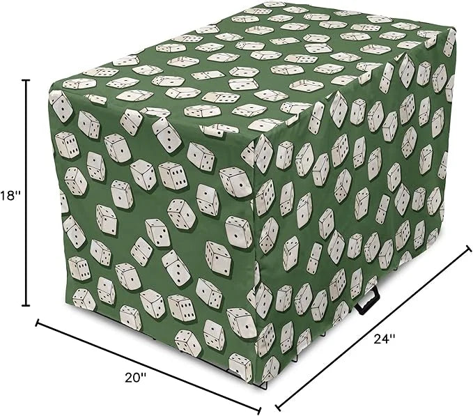 Lunarable Casino Dog Crate Cover, Cartoon Style Dices Pattern on Green Background Chance Game Lucky Jackpot, Easy to Use P...
