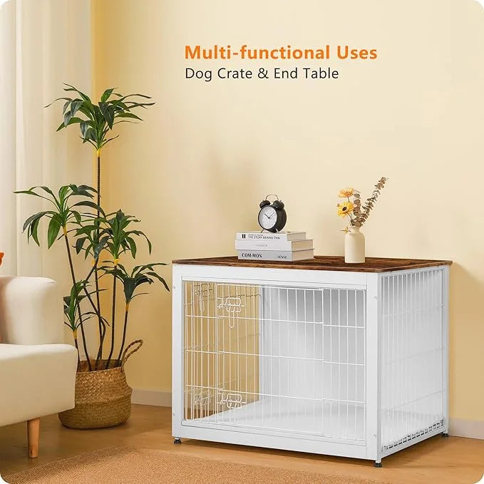 DWANTON Dog Crate Furniture with Cushion, Wooden Kennel Table with Double Doors, Indoor Dog House, Large Size, 38.5" L, Wh...
