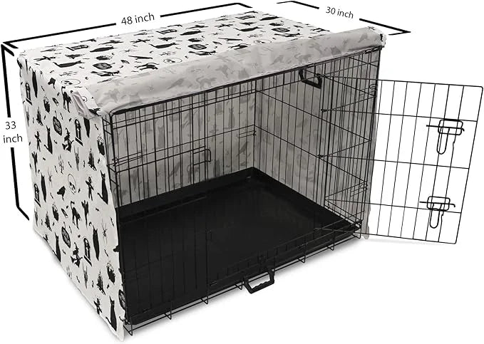 Lunarable Halloween Dog Crate Cover, Horror Pattern Tombstone Kitty Owl Voodoo Trick or Treat Pumpkin, Easy to Use Pet Ken...