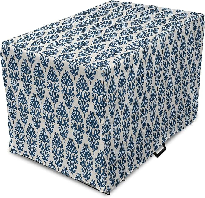 Lunarable Contemporary Blue Dog Crate Cover, Abstract Coral Inspired Motifs with Dots Around, Easy to Use Pet Kennel Cover...