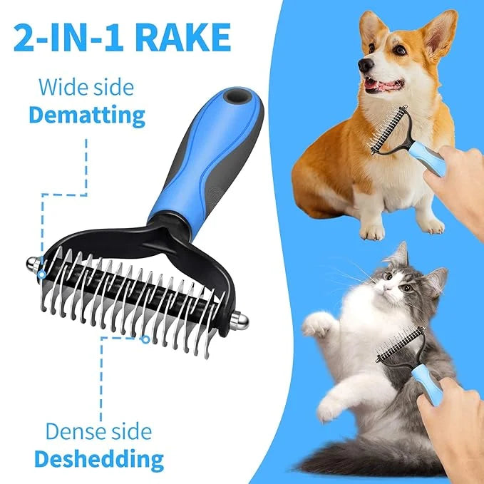 2 in 1 Pet Grooming Comb for Cats and Dogs – Stainless Steel Teeth and TPR Design for Detangling, Deshedding, and Demattin...