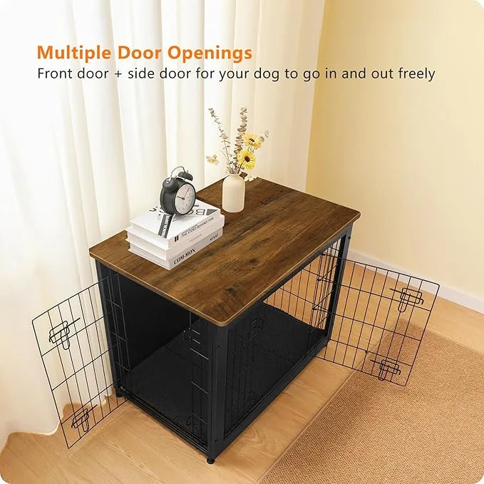 DWANTON Dog Crate Furniture with Cushion, Wooden Kennel Table with Double Doors, Indoor Dog House, Medium Size, 32.5" L, B...