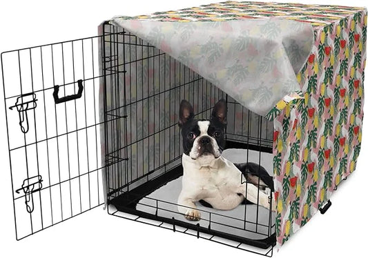 Ambesonne Summer Dog Crate Cover, Cockatoo Parrot in Exotic Forest Watermelon Slices Monstera Lemons Pattern, Easy to Use ...