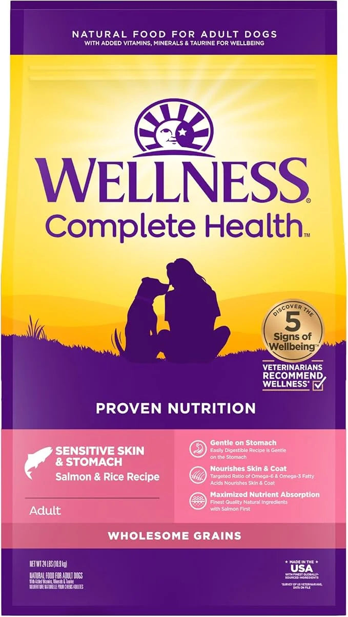 Wellness Complete Health Senstive Skin & Stomach Natural Adult Dry Dog Food, Salmon and Rice Recipe, 24 Pound Bag - Produc...