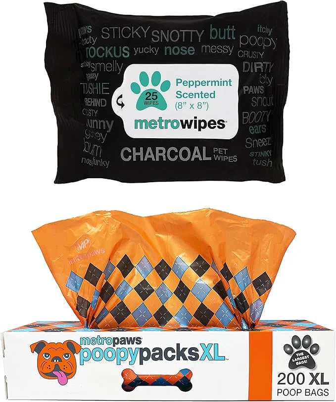 MetroPaws Peppermint Dog Wipes, 25 Extra Large, Thick Cleaning Wipes & Waste Packs XL - 200 Extra Large Dog Bags, Leakproo...