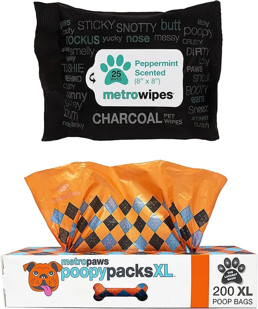 MetroPaws Peppermint Dog Wipes, 25 Extra Large, Thick Cleaning Wipes & Waste Packs XL - 200 Extra Large Dog Bags, Leakproo...