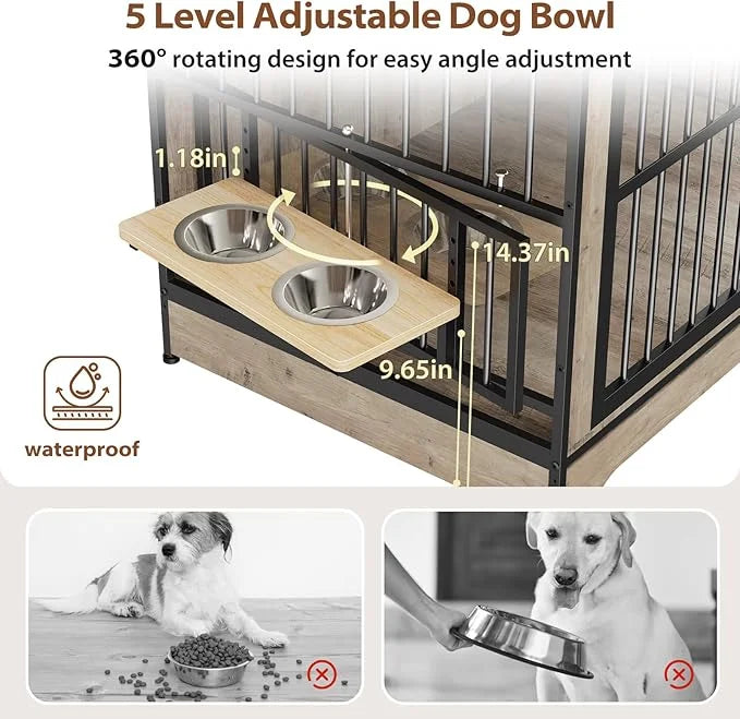 Rovibek 78 Double Dog Crate Furniture for 2 Large Dogs Indoor, Wooden Furniture Dog Crates with Dog Bowl, Dog Kennel Furni...