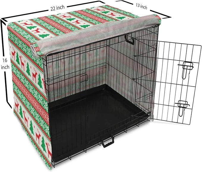 Ambesonne Christmas Dog Crate Cover, Knit Style Graphic Reindeer Star and Snowflake Holiday Family Theme, Easy to Use Pet ...
