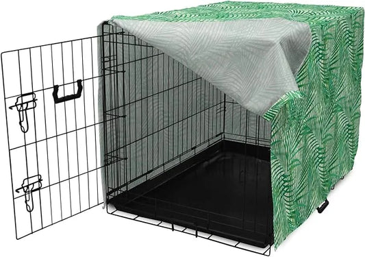 Lunarable Fern Pattern Dog Crate Cover, Background Illustration Covered with Palm Tree Leaves Art Print, Easy to Use Pet K...