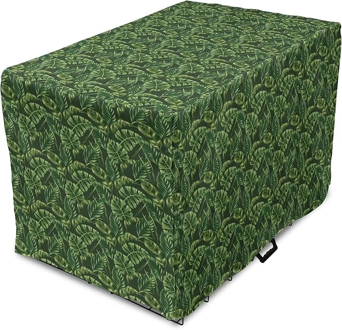 Lunarable Hunter Green Dog Crate Cover, Tropical Palm Leaves Exotic Plants Hawaiian Trees Jungle Natural Design, Easy to U...