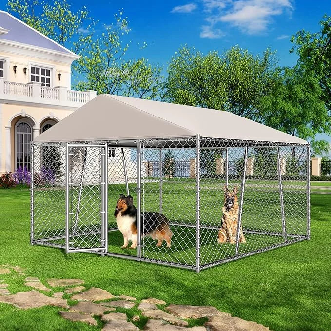 10 x 10FT Large Outdoor Dog Kennel with Roof, Dog Kennel Outside with Waterproof Cover, Galvanized Heavy Duty Chain Link D...