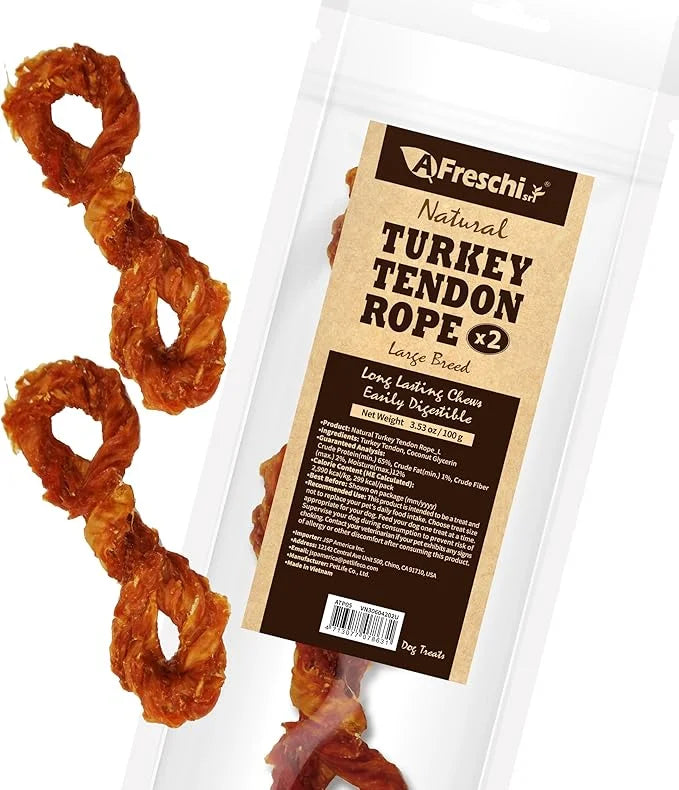 Afreschi Turkey Tendon for Dogs, Large Rope 3.53 oz, USA-Sourced Turkey, All Natural Human Grade Dog Chew, Hypoallergenic,...