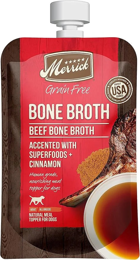 Merrick Grain Free Bone Broth, Premium Human Grade And Gluten Free Dog And Cat Food Topper Pouches, Beef - 7 oz. Pouch - P...