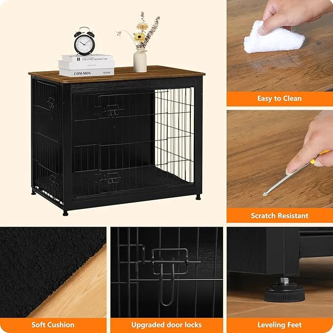 DWANTON Dog Crate Furniture with Cushion, Wooden Kennel Table with Double Doors, Indoor Dog House, Medium Size, 32.5" L, B...